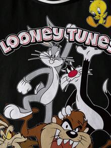 LOONEY TUNES X SHEIN Young Boy Casual Contrast Striped Cartoon Graphic Round Neck Short Sleeve T-Shirt, Summer - White - View 4
