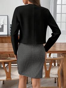 SHEIN LUNE 2 件套女士休闲优雅纯色长袖夹克和格子无袖连衣裙，秋冬 - 黑與白 - 查看 5