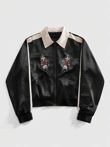 ROMWE MEN Goth Men's Skull Floral Print Contrast Color Satin Long Sleeve Jacket - Black - View 1