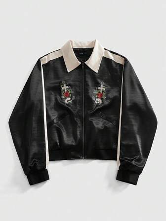 Street Life Veste satinée à imprimé crâne et couleur contrastée pour hommes