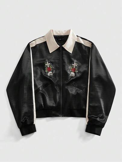 Street Life Men's Skull Floral Print Contrast Color Satin Jacket