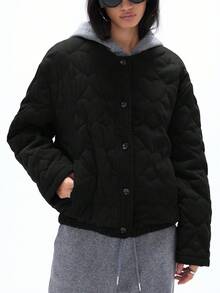 GENKIRA Women's Autumn/Winter New Corduroy Heart Pattern Striped Loose Short Padded Padded Coat - Black - View 4