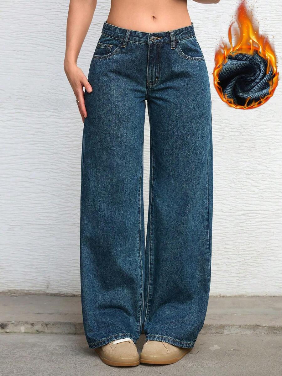 SHEIN ICON Celana Jeans Denim Hangat Kasual Warna Polos untuk Wanita - Biru - View 1