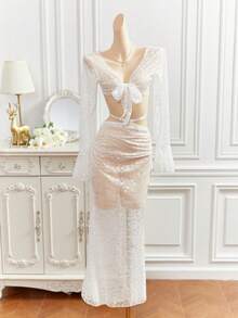 2件套浪漫蕾丝女士性感迷你裙套装 - 白色 - 查看 6