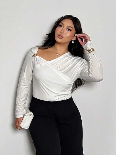 Firerie Plus Size Women Solid Color Asymmetric Neck Ruffle Long Sleeve Fashion T-Shirt Elegant