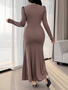 Feyla Elegant Floral Rhinestone Embellished Sweetheart Neck Puff Sleeve Fishtail Hem Dress For Women - Khaki - View 8
