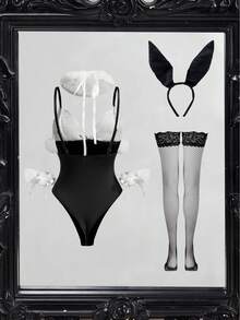 Fantasy Costume 5 件套可爱性感幻想服装套装，包括毛茸茸的颈圈、耳朵头带、腕口、网眼紧身衣，适合角色扮演、卧室、暑假 - 黑與白 - 查看 2