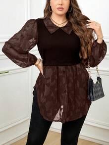 SHEIN LUNE Áo thun tay dài phối lưới màu tương phản thanh lịch cho nữ cỡ lớn - Cà phê nâu - Xem 1