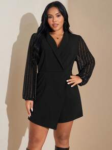 SHEIN Tall CURVE Mono elegante y romántico de cuello de blazer, adecuado para usar en el Día de San Valentín y durante la temporada de fiestas, que muestra un estilo sencillo y elegante. Es de moda y romántico, convirtiéndolo en una excelente opción como un nuevo lanzamiento de primavera, lo que permite que las mujeres se presenten con elegancia en diversas ocasiones. - Negro - Ver 3