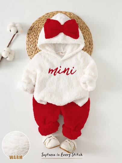 Cozy Pixies Baby Girl Cute Casual Colorblock Hoodie Set, Bow Decor Set, Mini Set, Adorable Set, Suitable For Winter, Autumn, Hooded Sweatshirt Set, Pink Hooded Set With Bow, Baby Girl Winter Outfit, Mini Embroidered Set, Comfy Casual Set For Baby Girl, Baby Girl Bow Set, Back To School, Daily Wear, Christmas, Halloween