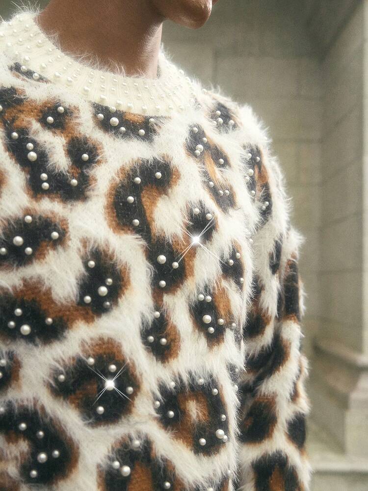 AKNOTIC Brand Men's Autumn/Winter Fashion Leopard Print Studded Decor Crew Neck Sweater Men Knit Men's Knit Floral Men Animal Print Men Cheetah Print Men Leopard Print