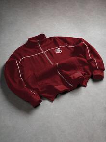 PAVTROS 男士秋季哥特字母印花撞色滚边拉链休闲夹克 Y2K 拉链男士街头风拉链短款拉链男士红色拉链运动夹克 - 紅色 - 查看 7