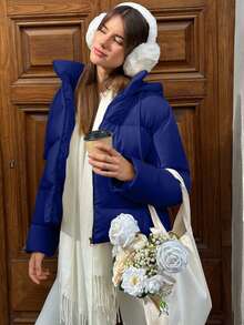 EURMUSE Women's Short Puffer Jacket – Beige Hooded Quilted Winter Coat, Warm Zip Up Outerwear, Ribbed Cuff Details, Lightweight Insulated Bubble Jacket, Drawstring Hood, Fashionable Casual Street Regular Fit, Cozy Thermal Layer - Royal Blue - View 3