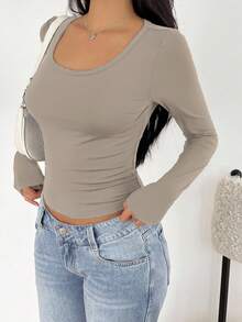 SHEIN EZwear 女款休閒極簡主義圓領緊身長袖打底 T-shirt，淺杏色，秋冬款 - 卡其色 - 查看 6