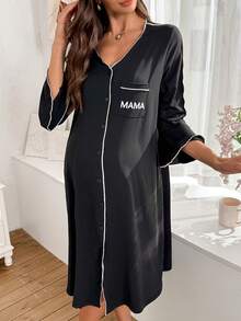 SHEIN Contrast Trim Dress With Bell Sleeves, 3/4 Sleeves, Front Pocket, Letter Print Maternity Loungewear Dress, Winter Maternity Sleepwear Maternity Pajama Maternity Dress Maternity Night Gown - Black - View 4