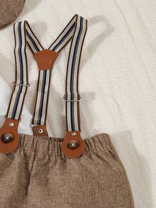 SHEIN 4pcs Baby Boy Formal Gentleman Outfit Set, Including White Long Sleeve Shirt With Bowknot , Single-Breasted Vest, Elastic Waist Suspender Pants And Gentleman Hat, Elegant Suit Set For Infants 6 Months To 3 Years Old, Suitable For Wedding, Competition, Performance, Party, 1st Birthday Celebration, Ring Bearer, Greeter, Christmas And Graduation Ceremony, Spring/Autumn