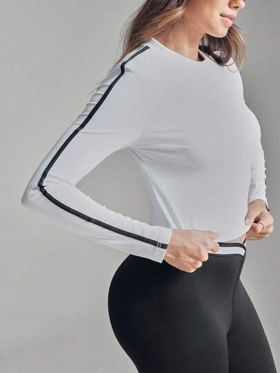 SHEIN Sports 女士圆领长袖撞色休闲健身运动T恤