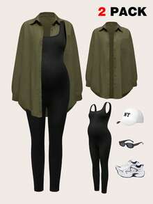 Modmama 两件套孕妇纯色无袖连体衣 - 軍綠色 - 查看 3