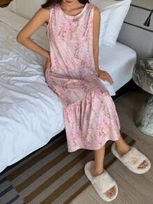 DAZY Floral Print Sleeveless Long Nightgown For Women Pajamas - Pink - View 4