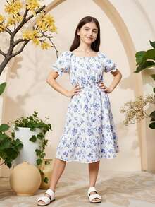 青少女夏季花卉氣球袖腰帶連衣裙