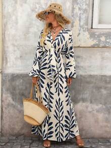 Brillora Women's Vacation Plant Print Lantern Sleeve Loose Jumpsuit,BOHO,BOHO Style,Spring/Autumn,Western Clothes For Women, Boho Chic, Country Concert Outfit, Country Concert Outfit, Holiday Festival Outfits, Beach Outfits For Woman, Tie Front Top,Bohemian Style For Vacation, Vacation, Bohemian Outfit For Women Party,Beach Outfit For Women,,Vacation, - Blue - View 8