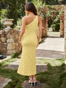 KARISMINA 度假休闲纹理单肩抽绳腰部镂空开衩女式长裙 - 黃色 - 查看 5