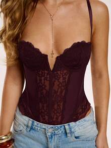 SHEIN BAE Women's Contrast Lace Bodysuit, Sexy & Fitted