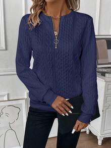 Chiquease Casual Solid Color Textured Sweatshirt, Autumn - Navy Blue - View 5