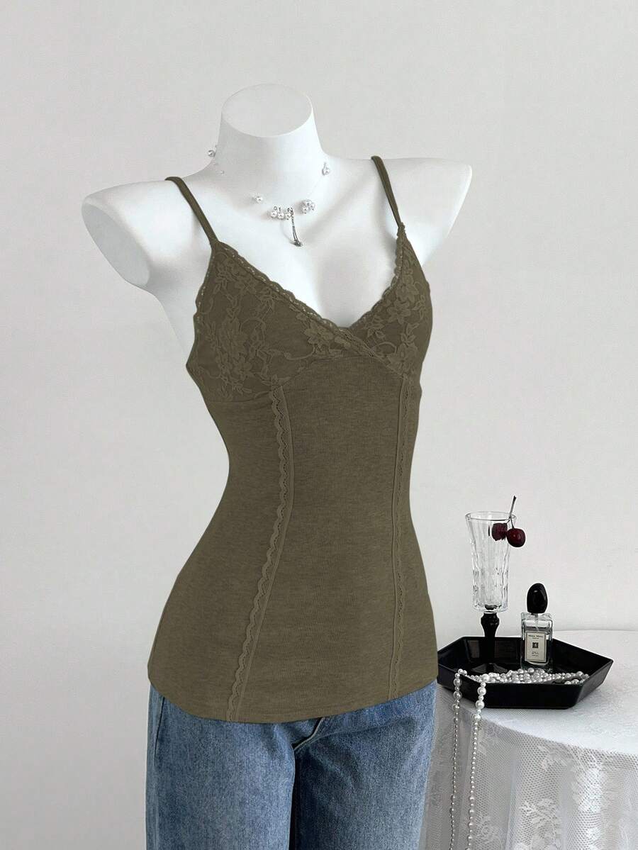 Elamini Damen Spitze Patchwork Strick Hoch Elastisch Geripptes Trägerhemd - Olivgrün - Übersicht 1