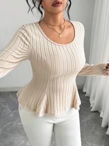 Elenzga Women's Solid Color Round Neck Long Sleeve Backless Twist Rib Casual Top, Autumn/Winter - Apricot - View 2