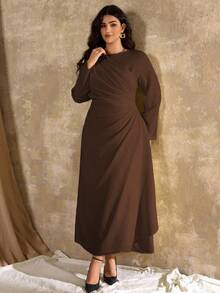 Roveilla Plus Size Women's Elegant Formal Office Commute Casual Vacation Party Vintage Teacher Autumn Middle Eastern Solid Color Round Neck Waist Pleated A-Line Long Sleeve Maxi Dress, Light Yellow Plus Size Brown Dress Chocolate Brown Dress Brown Dress Brown Elegant Dress Women Coffee Brown Dress - Chocolate Brown - View 6
