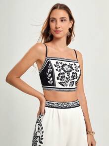 CAJUNI 女士休闲度假印花露背系带短款吊带背心和阔腿裤套装，女士两件套夏季服装，波西米亚风两件套，节日两件套，女士两件套夏季服装，节日两件套，波西米亚风两件套 - 黑與白 - 查看 7