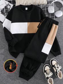 SHEIN 2pcs/Set Teen Boys' Color Block Sweatshirt And Pants Set, Casual, Comfortable, Fashionable, Versatile, Soft Fabric, Suitable For Daily Wear, School, Outings, Outdoor Activities, All Seasons - Multicolor - View 4