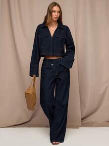 SHEIN BAE 女式翻领长袖实用口袋短款休闲牛仔夹克