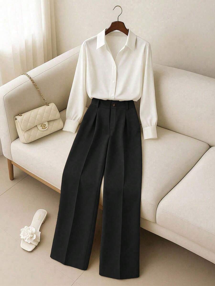Franclia Apricot Button-Up Shirt & Pants Set For Women - Black - View 1