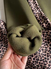 少女休闲豹纹保暖内衬便帽，适合上学和日常穿着连帽衫 - 軍綠色 - 查看 5