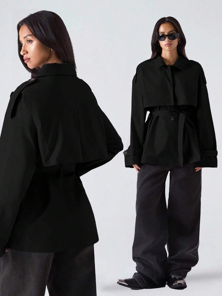 LYSMO Áo khoác trench coat trơn màu đa năng thời trang dành cho nữ - màu đen - Xem 1