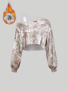 Sweetra Branch Print Bicolor Asymmetrical Neck Cropped Sweatshirt For Women Graduation,Back To School,Graduation,Teacher,Back To School Pullover Fall - Multicolor - View 1