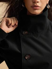 Easelle 复古游牧风高领腰部纽扣女士黑色风衣 女士风衣腰带风衣 女士外套 秋冬女士夹克 - 黑色 - 查看 6