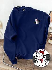 Manfinity Joysei 蓝色休闲时尚创意圣诞卡通兔子图案圆领卫衣红色圣诞帽雪花格子围巾搭配蓝色兔子图案圆领卫衣 - 藍色 - 查看 1