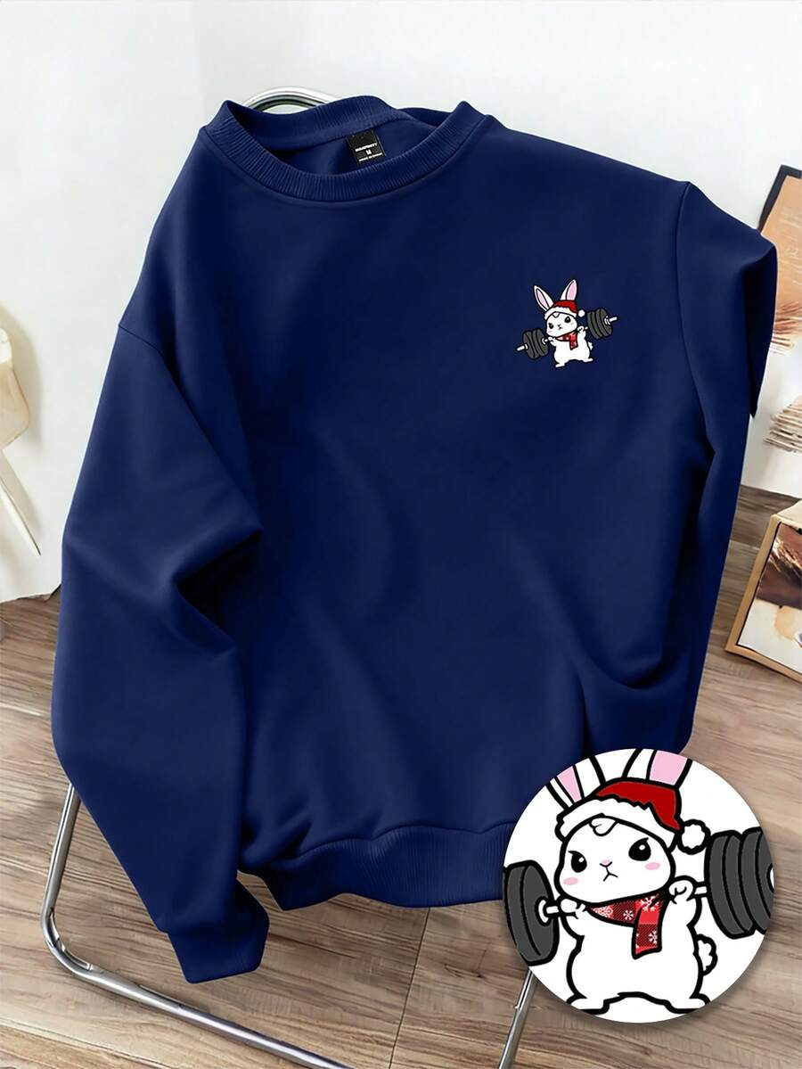 Manfinity Joysei 蓝色休闲时尚创意圣诞卡通兔子图案圆领卫衣红色圣诞帽雪花格子围巾搭配蓝色兔子图案圆领卫衣 - 藍色 - 查看 1