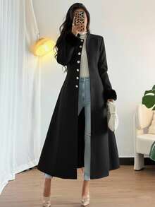 Rafferiza Elegant Solid Color Cinched Waist Overcoat, Autumn/Winter - Black - View 1
