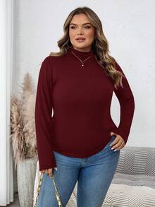 SHEIN CURVE+ 纯色罗纹修身立领针织保暖 T 恤 - 酒紅色 - 查看 7