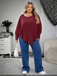SHEIN CURVE+ 大码女式不对称下摆蝙蝠袖纯色斜肩宽松休闲上衣T恤，适合秋季穿着，冬季女装，大码女装，适合万圣节/秋季/冬季穿着。 - 酒紅色 - 查看 8