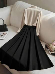 Franclia 大码女式长袖 V 领衬衫和喇叭下摆半身裙套装，优雅办公室装，约会装，秋冬两件套