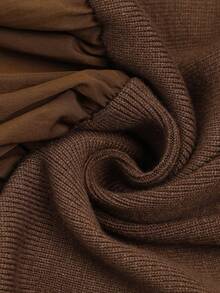 Aveloria Modichic Vintage Minimalist Patchwork Knit Mock Neck Long Sleeve Cinched Waist A-Line Dress - Brown - View 7