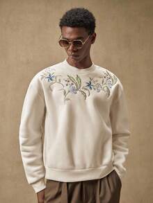 AKNOTIC 男士花卉刺绣宽松圆领长袖套头衫，秋冬 - 杏色 - 查看 2