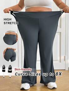 SHEIN CURVE+ 大码女高腰喇叭弹力休闲裤秋季女装春夏季清凉裤喇叭裤 - 深灰色 - 查看 1