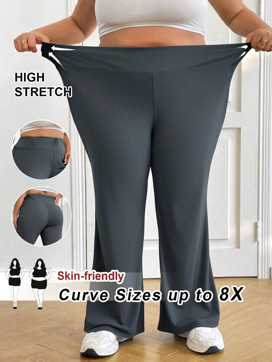 SHEIN CURVE+ 大码女高腰喇叭弹力休闲裤秋季女装春夏季清凉裤喇叭裤 - 深灰色 - 查看 1