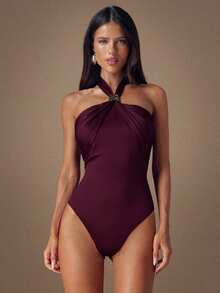 SHEIN BAE Autumn/Winter Women's Sexy Metallic-Embellished Ruffled Bodysuit Burgundy Bodysuit Sexy Bodysuit Fashion Statement Piece Outfit New Year's Attire Red Bodysuit Perfect For Home, Parties - Burgundy - View 1